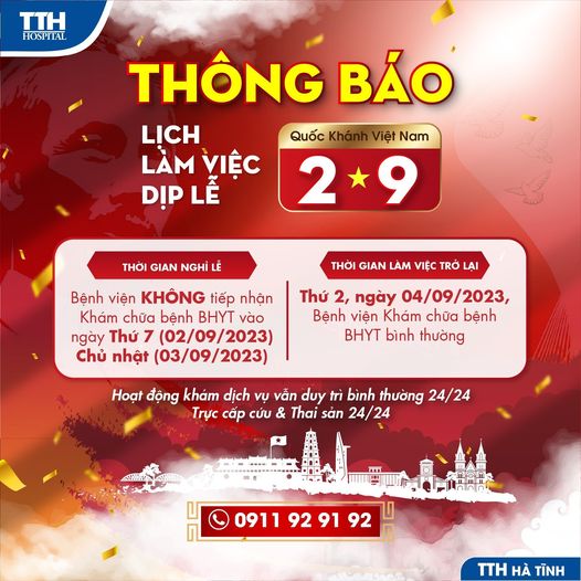 [THÔNG BÁO] LỊCH HOẠT ĐỘNG CỦA BỆNH VIỆN ĐA KHOA TTH HÀ TĨNH DỊP NGHỈ LỄ QUỐC KHÁNH 02/09