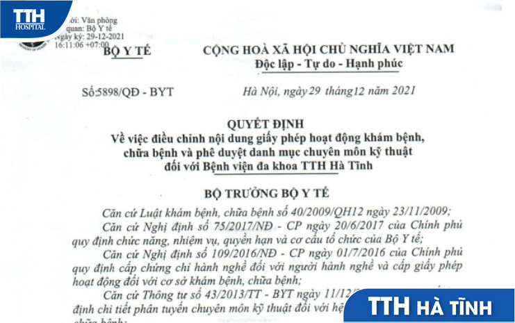 Danh mục kỹ thuật đã được bộ y tế phê duyệt thực hiện tại Bệnh viện Đa khoa TTH Hà Tĩnh